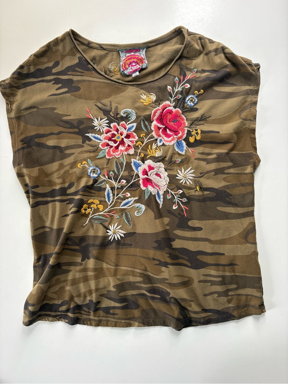 Johnny Was Camo Embroidered Floral Tee XS